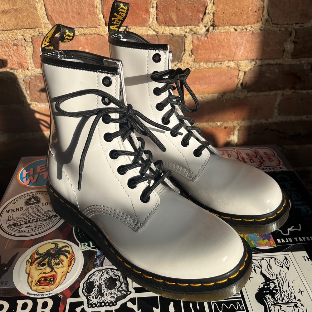 Dr. Martens White Vegan Patent Leather Boots